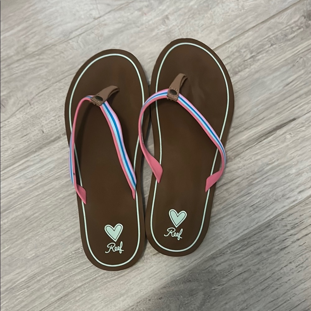 Reef Brown Sandals with Pink and Blue Accents